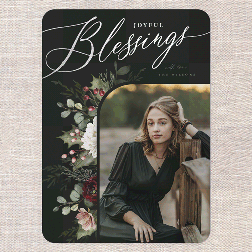 Botanical Elegance Holiday Card, Black, Silver Foil, 5x7 Flat, Religious, Pearl Shimmer Cardstock, Rounded, Black