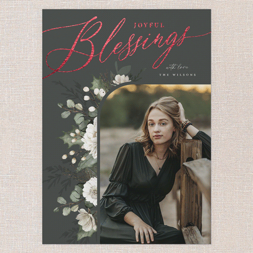 Botanical Elegance Holiday Card, Green, Red Foil, 5x7 Flat, Religious, Pearl Shimmer Cardstock, Square, Evergreen