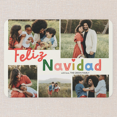 Cheerful Colors Holiday Card, White, 5x7 Flat, Feliz Navidad, Pearl Shimmer Cardstock, Rounded