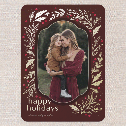 Foliage Framing Holiday Card, Red, Gold Foil, 5x7 Flat, Holiday, Pearl Shimmer Cardstock, Rounded, Cranberry