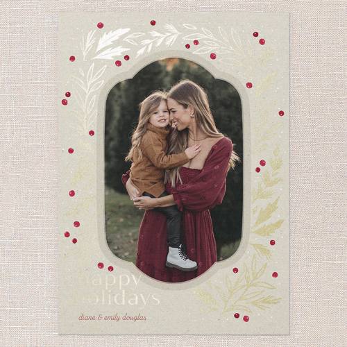 Foliage Framing Holiday Card, Beige, Gold Foil, 5x7 Flat, Holiday, Pearl Shimmer Cardstock, Square, Sandstone