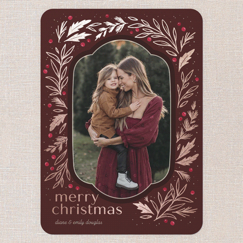Foliage Framing Holiday Card, Rose Gold Foil, Red, 5x7 Flat, Christmas, Pearl Shimmer Cardstock, Rounded, Cranberry