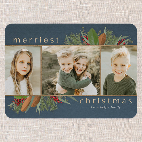 Fantastic Foliage Holiday Card, Blue, 5x7 Flat, Christmas, Pearl Shimmer Cardstock, Rounded, Blue