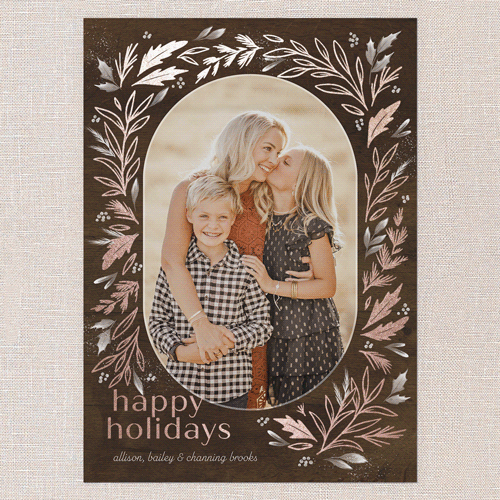 Frosty Evergreen Charm Holiday Card, Rose Gold Foil, Brown, 5x7 Flat, Holiday, Pearl Shimmer Cardstock, Square, Chocolate