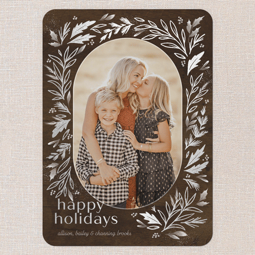 Frosty Evergreen Charm Holiday Card, Silver Foil, Brown, 5x7 Flat, Holiday, Matte, Signature Smooth Cardstock, Rounded, Chocolate