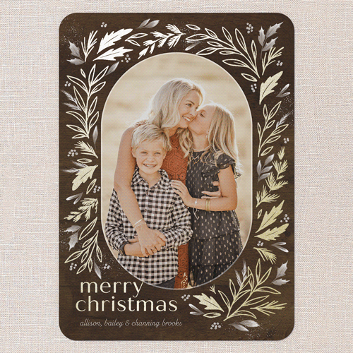 Frosty Evergreen Charm Holiday Card, Gold Foil, Brown, 5x7 Flat, Christmas, Pearl Shimmer Cardstock, Rounded, Chocolate