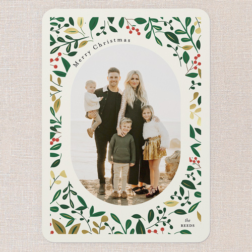 Fond Foliage Holiday Card, Green, 5x7 Flat, Christmas, 100% Recycled Cardstock ?, Rounded