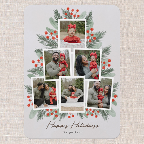 Lush Greenery Greetings Holiday Card, Grey, 5x7 Flat, Holiday, Pearl Shimmer Cardstock, Rounded, Whisper Gray