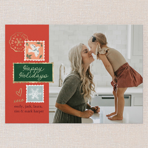 Seasonal Stamps Holiday Card, Red, 5x7 Flat, Holiday, Luxe Double-Thick Cardstock, Square