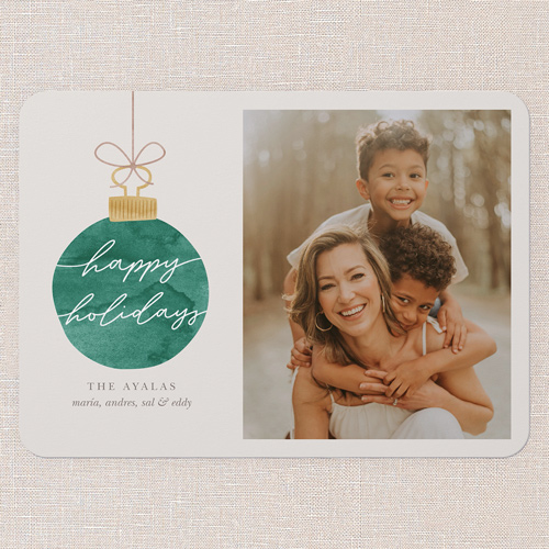 Warmhearted Watercolor Holiday Card, Green, 5x7 Flat, Holiday, Pearl Shimmer Cardstock, Rounded