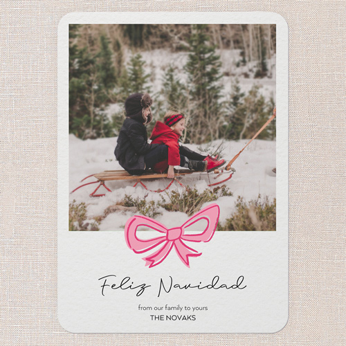 Joyful Bow Tidings Holiday Card, Pink, 5x7 Flat, Feliz Navidad, 100% Recycled Cardstock ?, Rounded