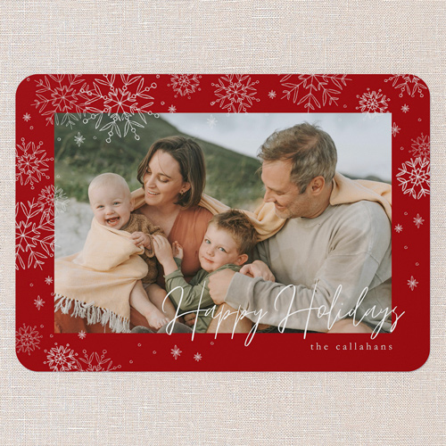 Faint Snowflakes Holiday Card, Red, 5x7 Flat, Holiday, Matte, Signature Smooth Cardstock, Rounded, Red
