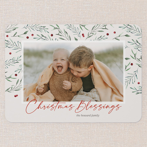 Holly Heaven Holiday Card, Grey, 5x7 Flat, Religious, Pearl Shimmer Cardstock, Rounded, Whisper Gray