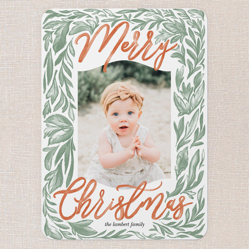 Boho Botanical Merriment Holiday Card, White, 5x7 Flat, Christmas, Pearl Shimmer Cardstock, Rounded, White