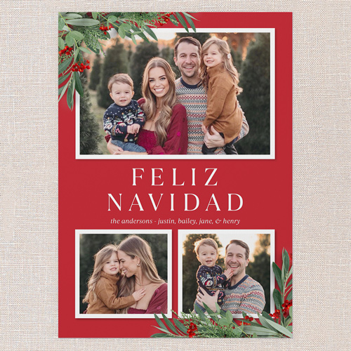 Botanical Basics Holiday Card, Red, 5x7 Flat, Feliz Navidad, Luxe Double-Thick Cardstock, Square, Radish