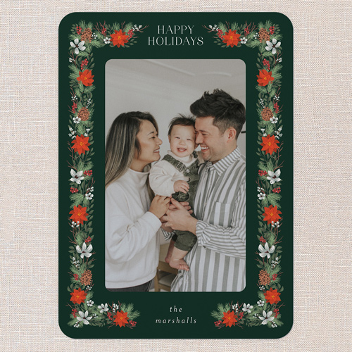 Winter Botanical Border Holiday Card, Green, 5x7 Flat, Holiday, Pearl Shimmer Cardstock, Rounded