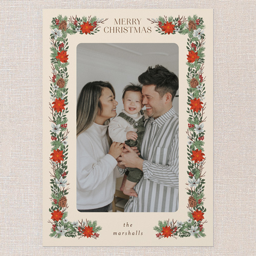 Winter Botanical Border Holiday Card, White, 5x7 Flat, Christmas, Pearl Shimmer Cardstock, Square