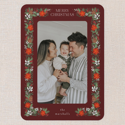 Winter Botanical Border Holiday Card, Red, 5x7 Flat, Christmas, 100% Recycled Cardstock , Rounded