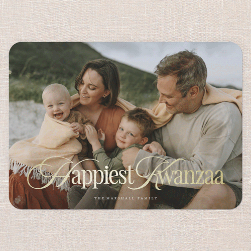 Classic Luxe Holiday Card, White, Gold Foil, 5x7 Flat, Kwanzaa, Pearl Shimmer Cardstock, Rounded, White