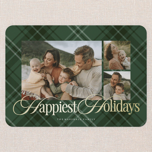 Classic Plaid Shine Holiday Card, Green, Gold Foil, 5x7 Flat, Holiday, Matte, Signature Smooth Cardstock, Rounded, Green