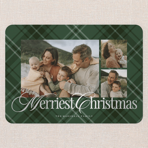 Classic Plaid Shine Holiday Card, Green, Silver Foil, 5x7 Flat, Christmas, Pearl Shimmer Cardstock, Rounded, Green