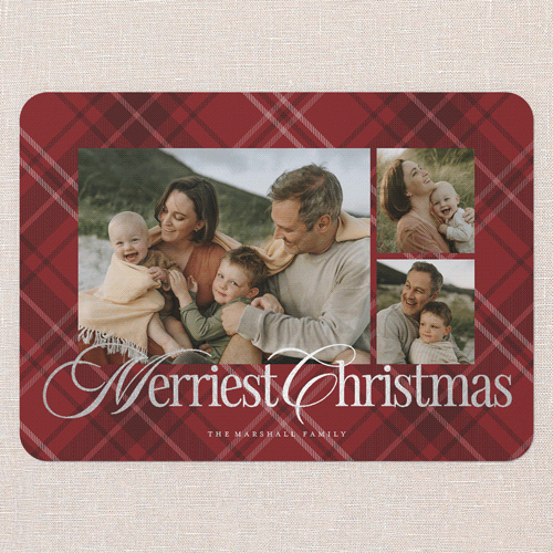 Classic Plaid Shine Holiday Card, Red, Silver Foil, 5x7 Flat, Christmas, Matte, Signature Smooth Cardstock, Rounded