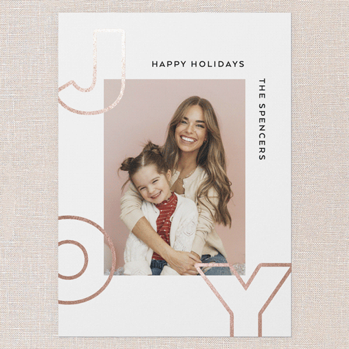 Modern Joyful Cheer Holiday Card, Pink, Rose Gold Foil, 5x7 Flat, Write Your Own, Pearl Shimmer Cardstock, Square, Blush