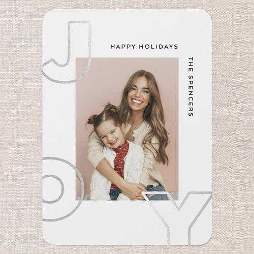 Modern Joyful Cheer Holiday Card, Pink, Silver Foil, 5x7 Flat, Write Your Own, Pearl Shimmer Cardstock, Rounded, Blush