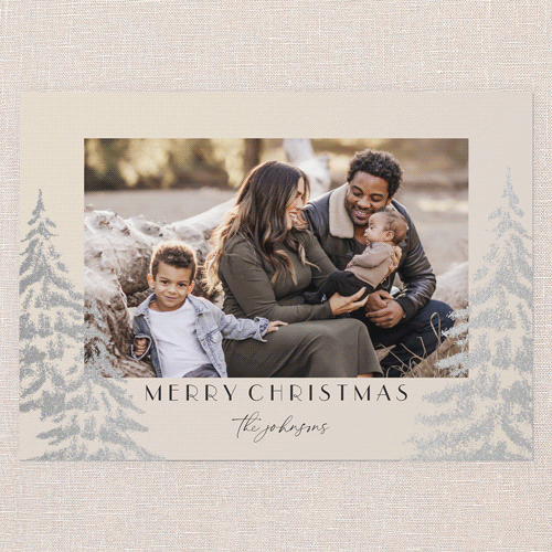 Peaceful Pine Prints Holiday Card, Silver Foil, Pink, 5x7 Flat, Write Your Own, Pearl Shimmer Cardstock, Square, Blush