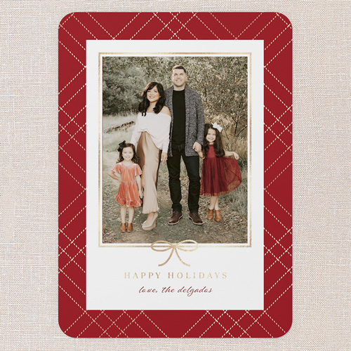 Refined Ribbon Holiday Card, Red, 5x7 Flat, Holiday, 100% Recycled Cardstock , Rounded, Red