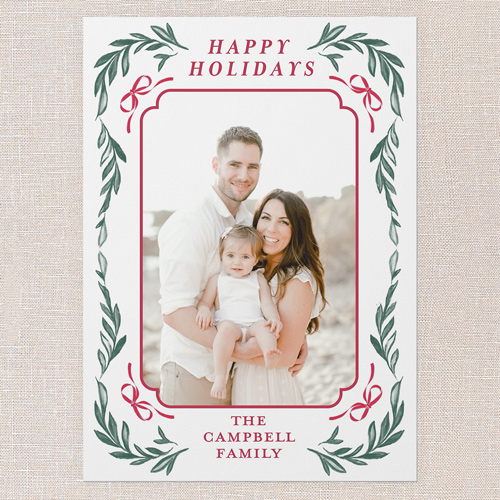 Floral Bow Border Holiday Card, White, 5x7 Flat, Write Your Own, 100% Recycled Cardstock , Square, White