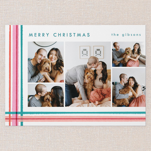 Overlapping Plaid Holiday Card, Pink, 5x7 Flat, Write Your Own, Pearl Shimmer Cardstock, Square, Chenille