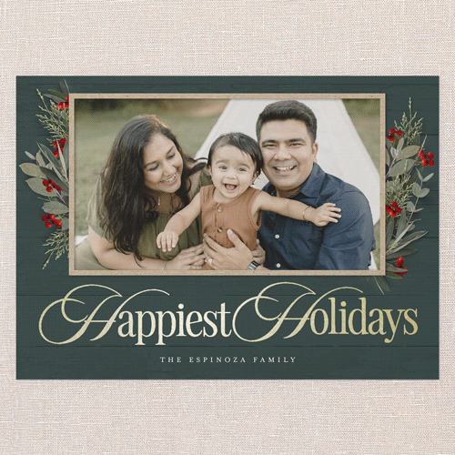 Fancy Florals Holiday Card, Green, Gold Foil, 5x7 Flat, Holiday, Pearl Shimmer Cardstock, Square