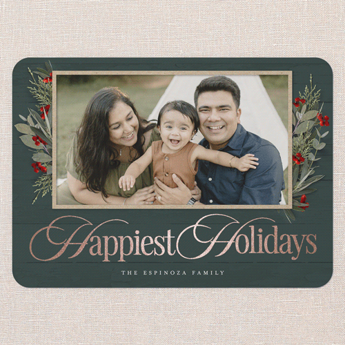 Fancy Florals Holiday Card, Green, Rose Gold Foil, 5x7 Flat, Holiday, Pearl Shimmer Cardstock, Rounded, Seaweed