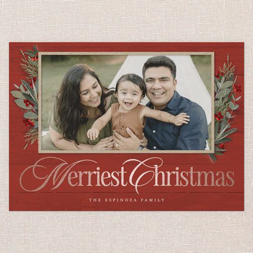 Fancy Florals Holiday Card, Red, Rose Gold Foil, 5x7 Flat, Christmas, Luxe Double-Thick Cardstock, Square, Red