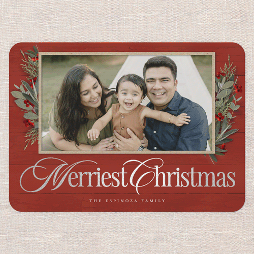 Fancy Florals Holiday Card, Silver Foil, Red, 5x7 Flat, Christmas, Pearl Shimmer Cardstock, Rounded, Red