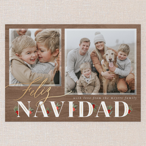 Hints Of Holly Holiday Card, Brown, 5x7 Flat, Feliz Navidad, 100% Recycled Cardstock , Square, Brown