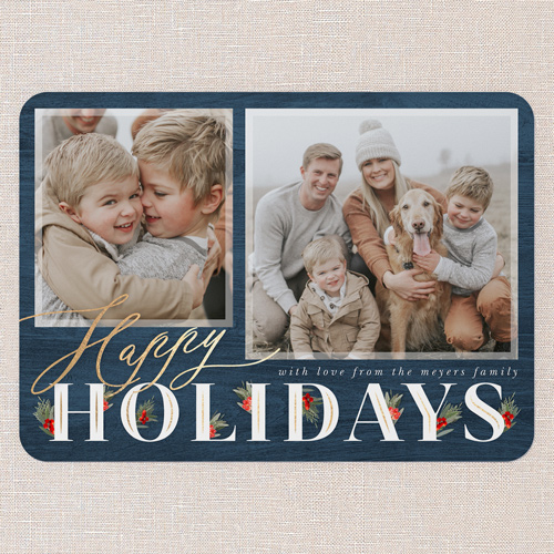 Hints Of Holly Holiday Card, Blue, 5x7 Flat, Holiday, Pearl Shimmer Cardstock, Rounded, Blue