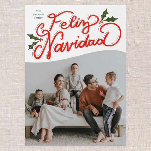 Vibrant Holly Greetings Holiday Card, White, 5x7 Flat, Feliz Navidad, 100% Recycled Cardstock , Square, White