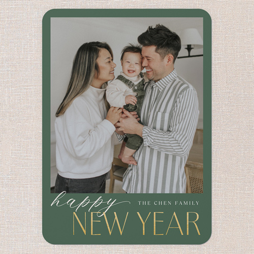 Merry Modern Tidings Holiday Card, Green, 5x7 Flat, New Year, Pearl Shimmer Cardstock, Rounded, Green