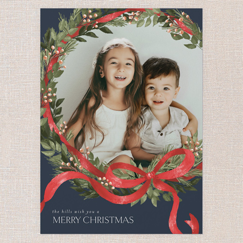 Merry Ribbon Wreath Holiday Card, Blue, 5x7 Flat, Christmas, Standard Smooth Cardstock, Square