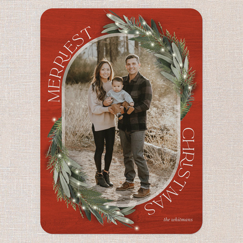 Lush Evergreen Elegance Holiday Card, Red, 5x7 Flat, Christmas, Matte, Signature Smooth Cardstock, Rounded, Red