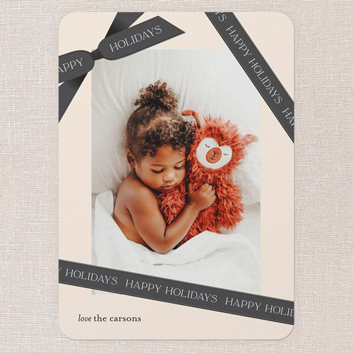 Ribbon Wrapped Holiday Card, Grey, 5x7 Flat, Holiday, Pearl Shimmer Cardstock, Rounded, Burnt Ash