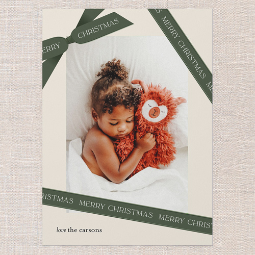 Ribbon Wrapped Holiday Card, Green, 5x7 Flat, Christmas, Luxe Double-Thick Cardstock, Square, Evergreen