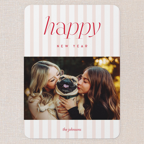 Soft Pinstripe Holiday Card, Pink, 5x7 Flat, New Year, Matte, Signature Smooth Cardstock, Rounded, Blush Pink
