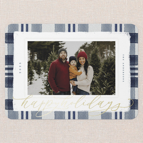 Signed Plaid Holiday Card, Blue, Gold Foil, 5x7 Flat, Holiday, Matte, Signature Smooth Cardstock, Rounded, Nautical