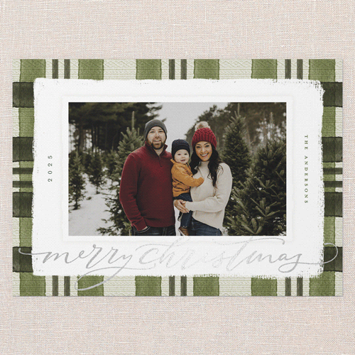 Signed Plaid Holiday Card, Green, Silver Foil, 5x7 Flat, Christmas, Matte, Signature Smooth Cardstock, Square, Bark