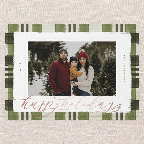 Signed Plaid Holiday Card, Green, Rose Gold Foil, 5x7 Flat, Holiday, Pearl Shimmer Cardstock, Square, Bark