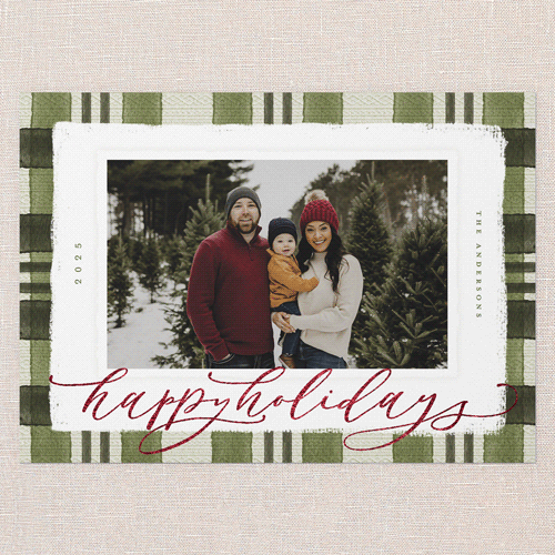 Signed Plaid Holiday Card, Green, Red Foil, 5x7 Flat, Holiday, Pearl Shimmer Cardstock, Square, Bark