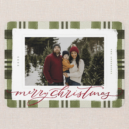 Signed Plaid Holiday Card, Green, Red Foil, 5x7 Flat, Christmas, Pearl Shimmer Cardstock, Rounded, Bark